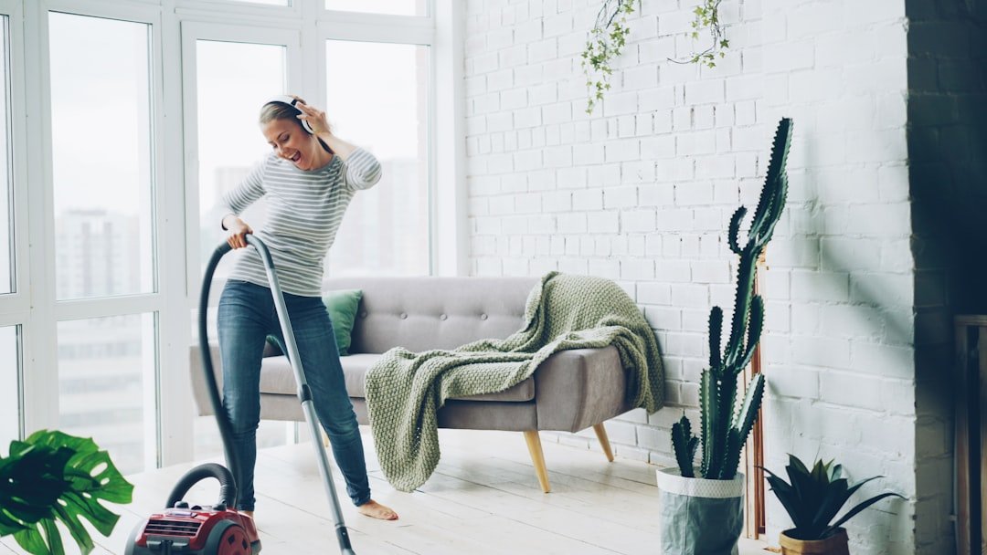 A tidy living room with organized shelves and cleaning supplies neatly arranged, showcasing a clean and inviting atmosphere.