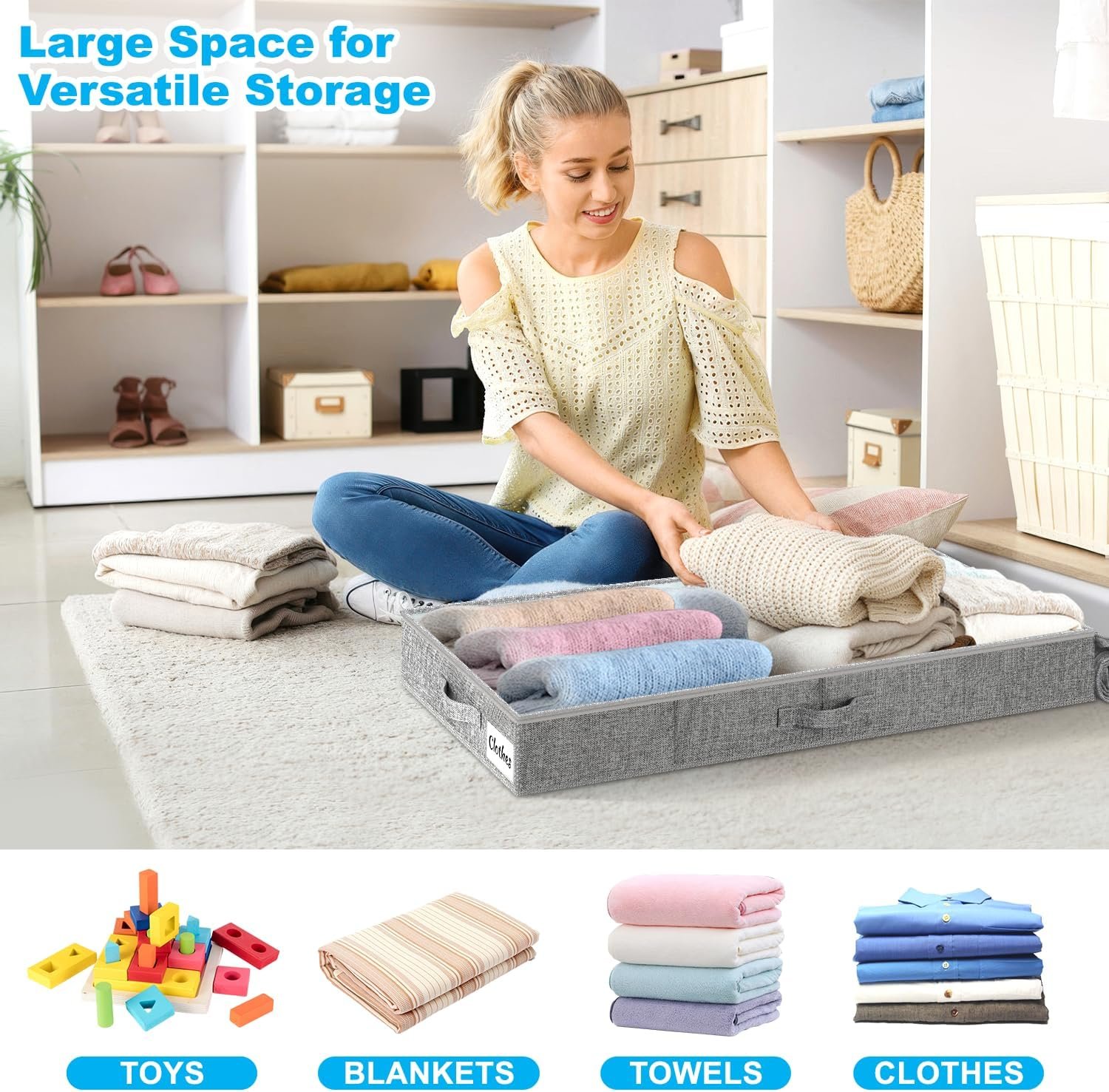 Under Bed Storage Container Bins 2 Pack, 5 Inch Thin Low Profile Underbed Clothes Storage Organizer for Dorm & Home, Use for Blanket and Toy Storage Box W/ Sturdy Bottom/Sides, Foldable Thick Fabric - Image 4