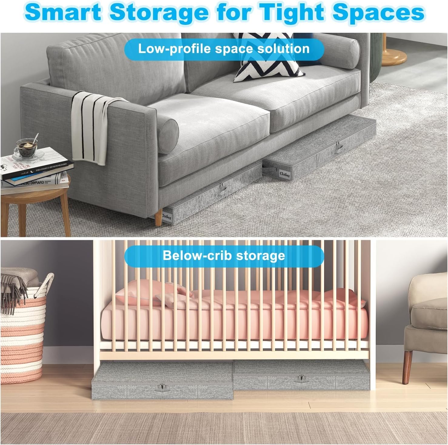 Under Bed Storage Container Bins 2 Pack, 5 Inch Thin Low Profile Underbed Clothes Storage Organizer for Dorm & Home, Use for Blanket and Toy Storage Box W/ Sturdy Bottom/Sides, Foldable Thick Fabric - Image 5