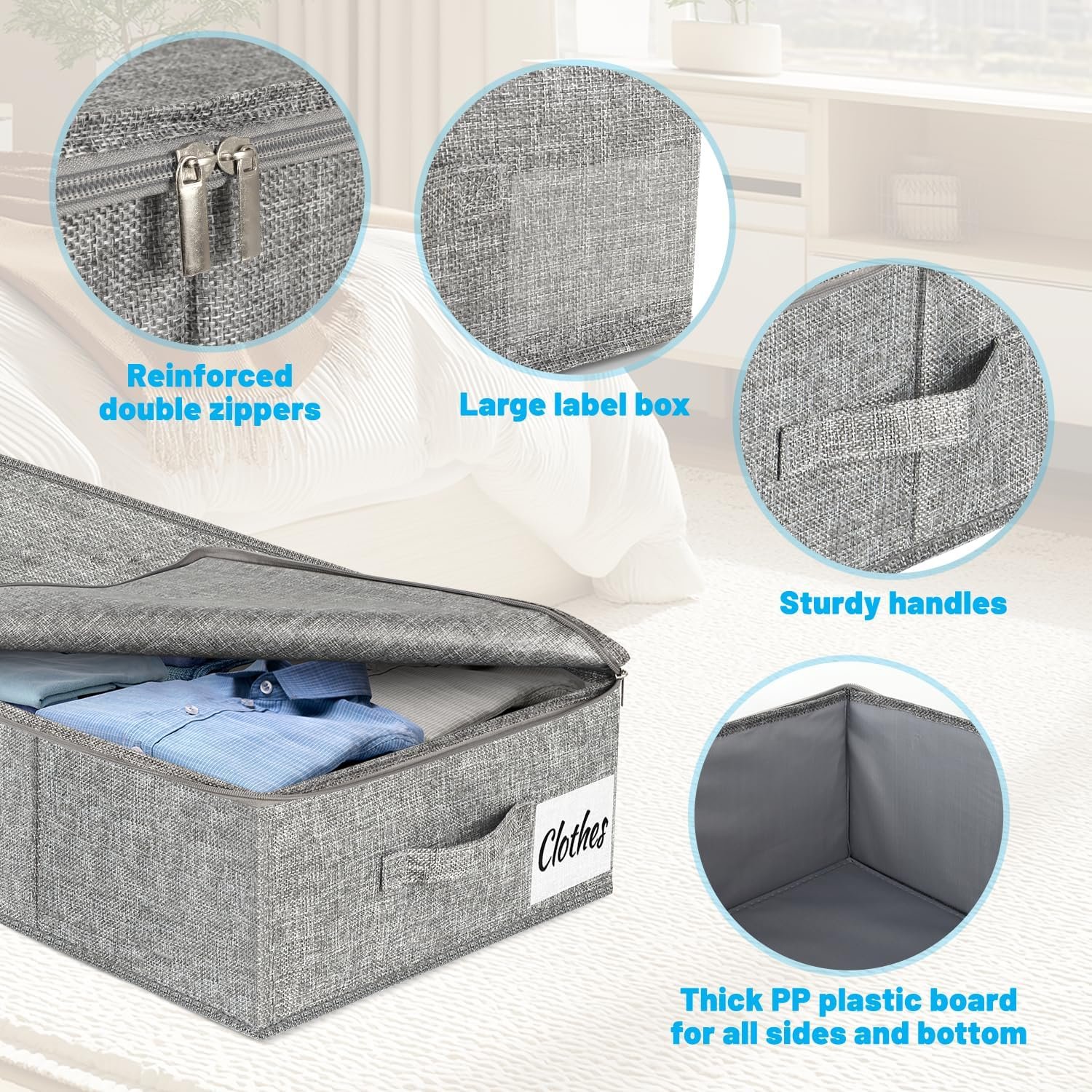 Under Bed Storage Container Bins 2 Pack, 5 Inch Thin Low Profile Underbed Clothes Storage Organizer for Dorm & Home, Use for Blanket and Toy Storage Box W/ Sturdy Bottom/Sides, Foldable Thick Fabric - Image 7