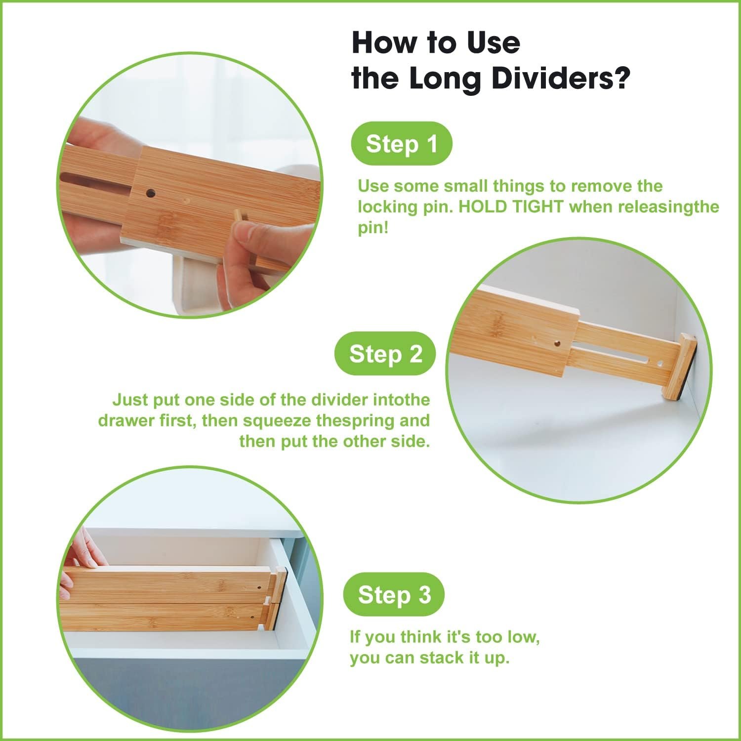 ANTOWIN Bamboo Drawer Dividers, Expandable Drawer Separators Splitter, 17-22 inches Adjustable Spring-loaded Organizer for Large Utensil, Clothes, Tools Drawers, 6 Pack Dividers + 4 Pack Baffle - Image 4