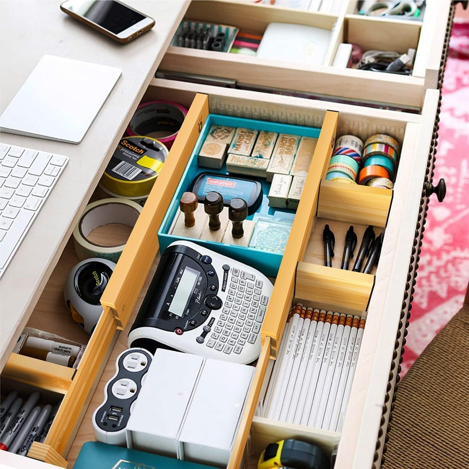 ANTOWIN Bamboo Drawer Dividers, Expandable Drawer Separators Splitter, 17-22 inches Adjustable Spring-loaded Organizer for Large Utensil, Clothes, Tools Drawers, 6 Pack Dividers + 4 Pack Baffle - Image 7