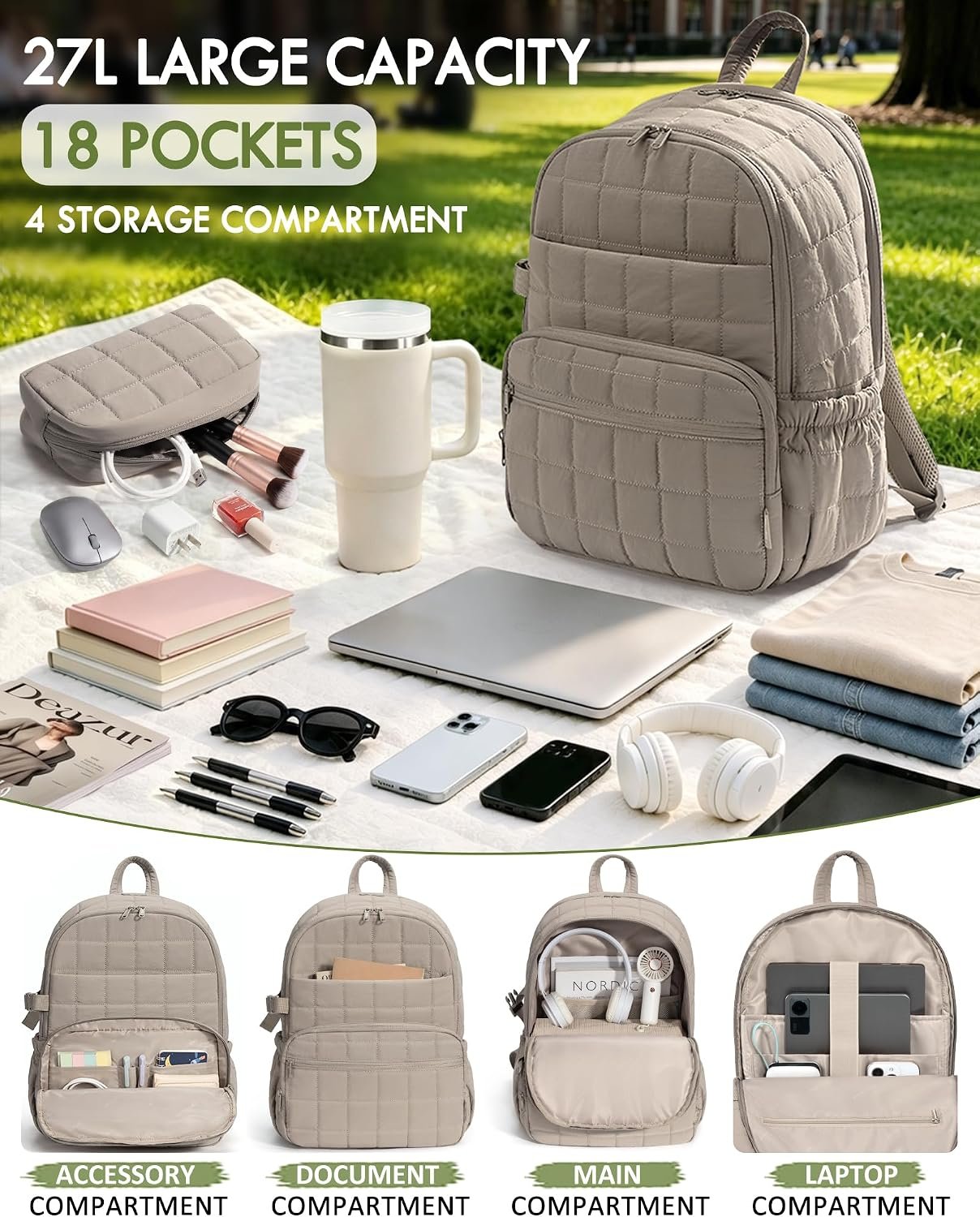 Bagstellar Travel Backpack for Women, 15.6" Puffer College Laptop Backpack - Image 3