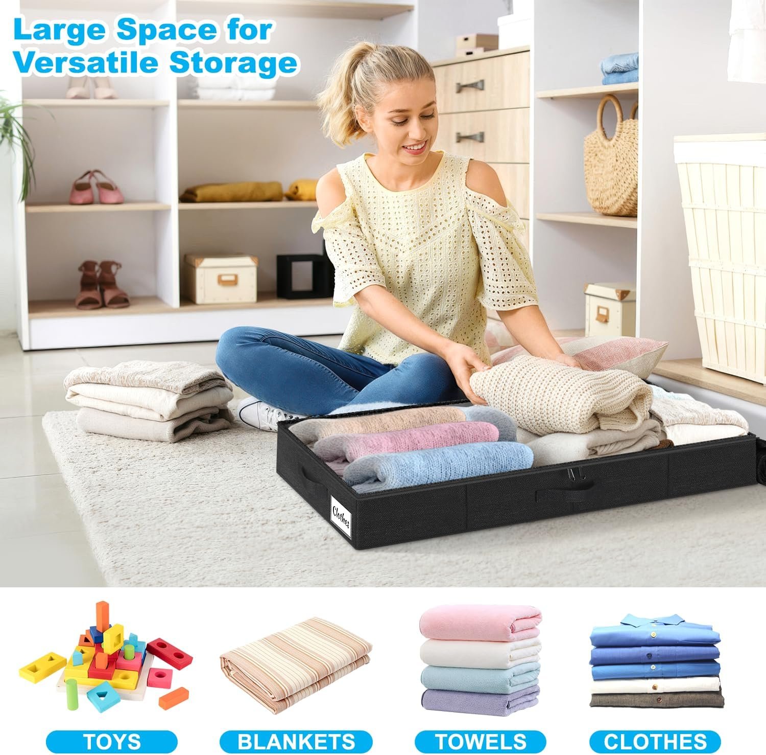 Under Bed Storage Container Bins 2 Pack, 5 Inch Thin Low Profile Underbed Clothes Storage Organizer for Dorm & Home, Use for Blanket and Toy Storage Box W/ Sturdy Bottom/Sides, Foldable Thick Fabric - Image 4