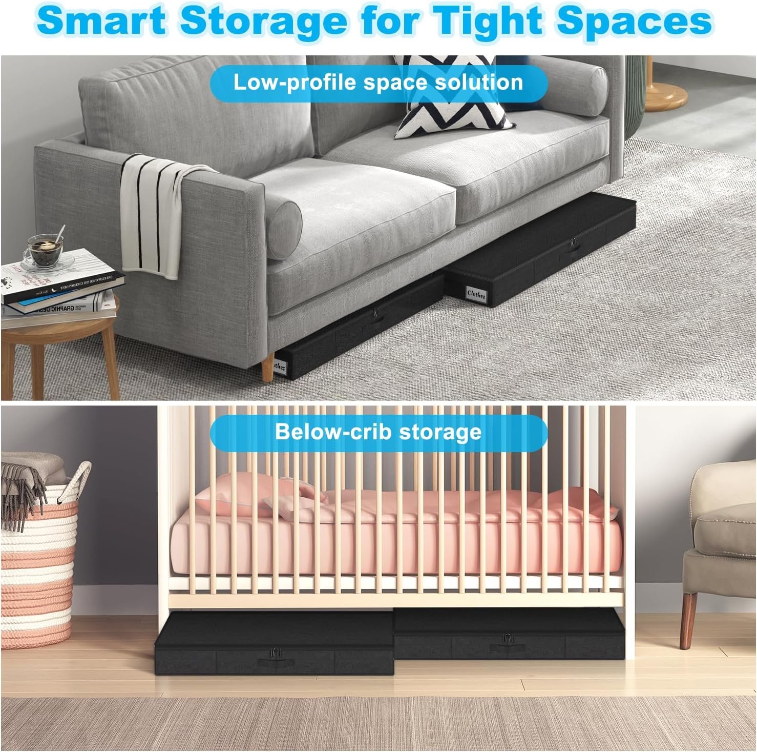 Under Bed Storage Container Bins 2 Pack, 5 Inch Thin Low Profile Underbed Clothes Storage Organizer for Dorm & Home, Use for Blanket and Toy Storage Box W/ Sturdy Bottom/Sides, Foldable Thick Fabric - Image 5