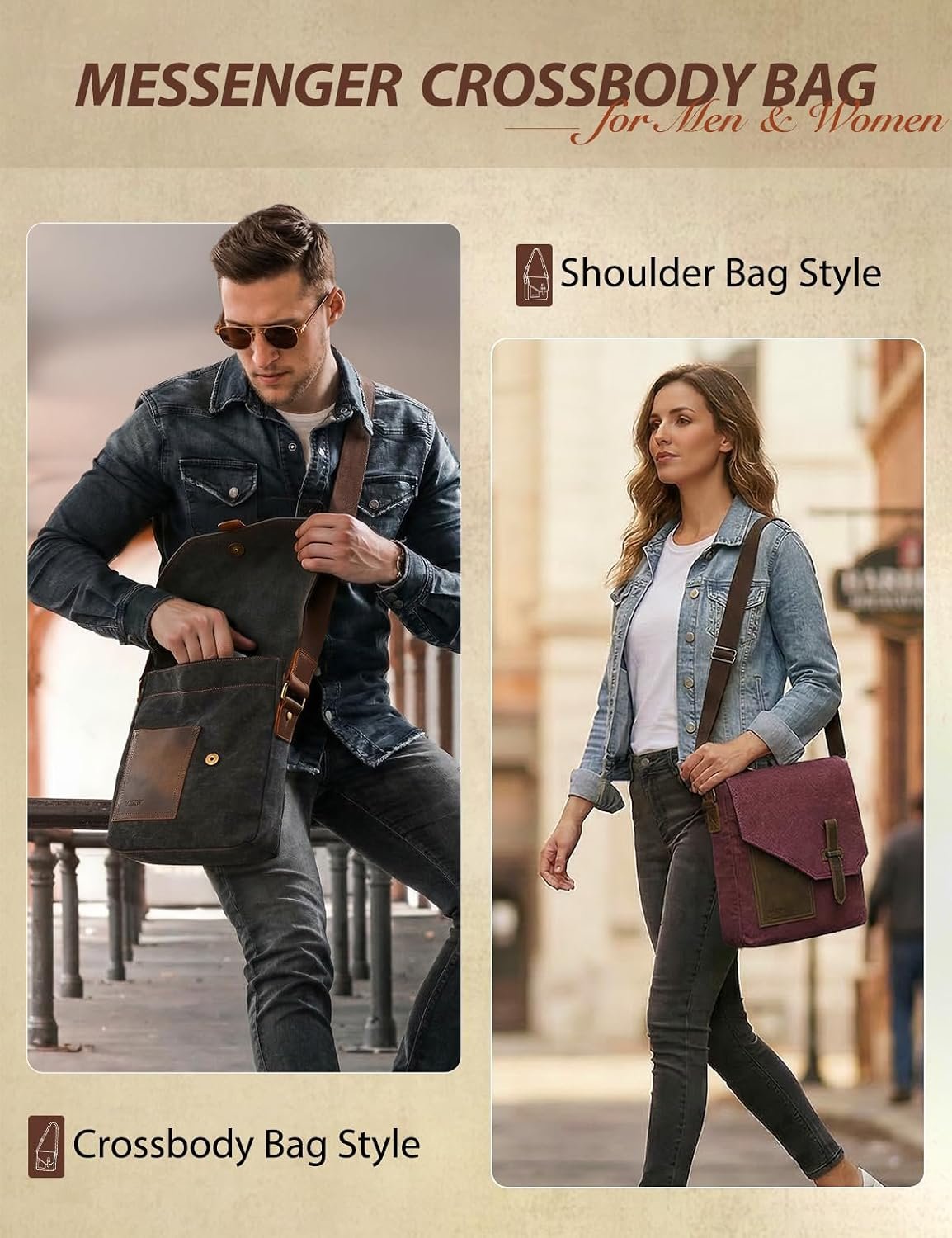 VASCHY Messenger Bag for Men & Women, Genuine Leather with Canvas, Vintage Anti-Theft Crossbody Bag for Men - Image 7