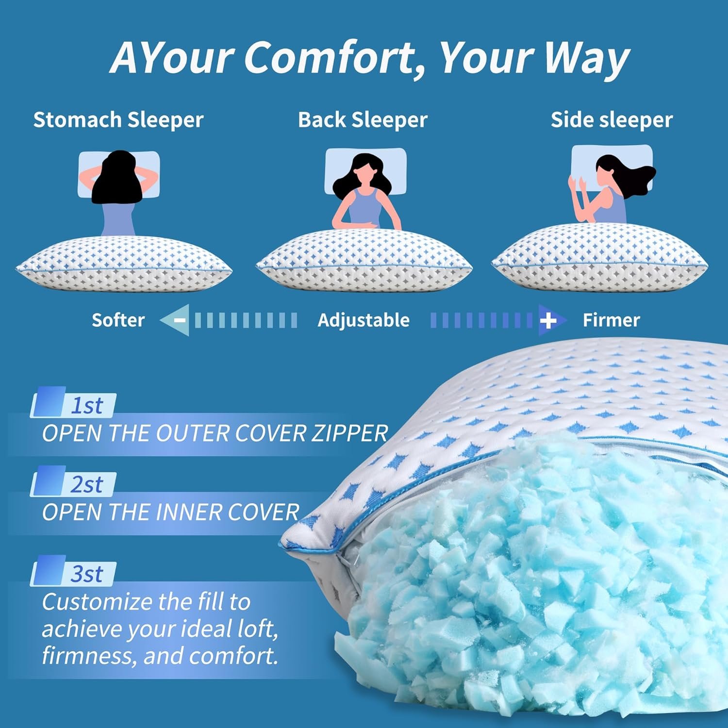 King Size Pillows Set of 2, Cooling Shredded Memory Foam Pillows - Image 5
