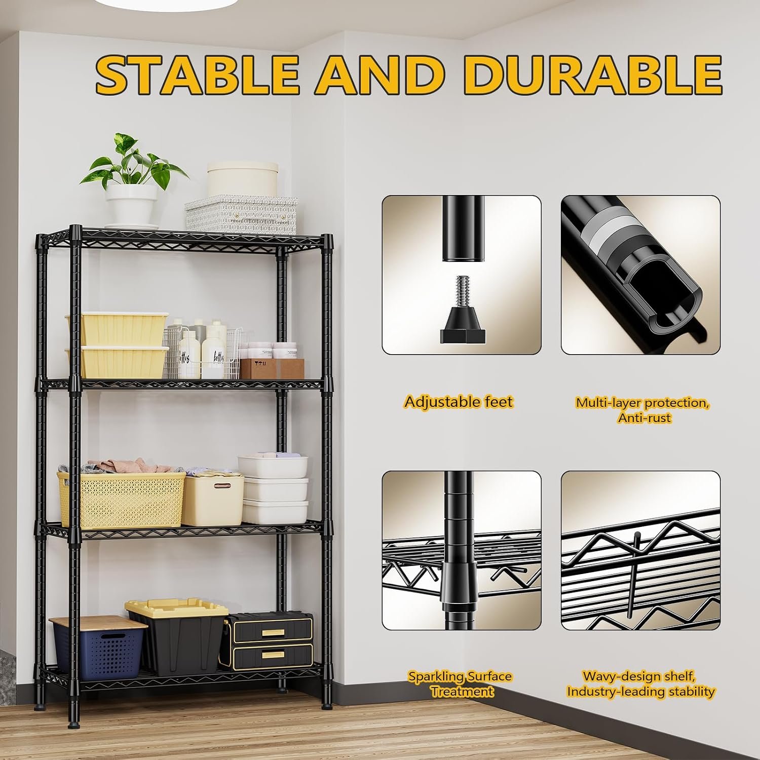 M MZG 1000 lbs 4 Tier Shelf Metal Storage Shelves Shelving Wire Rack Heavy Duty Closet Organizers for Garage Kitchen Bathroom Laundry Black 13.8" D x 35.4" W x 59.5" H - Image 7