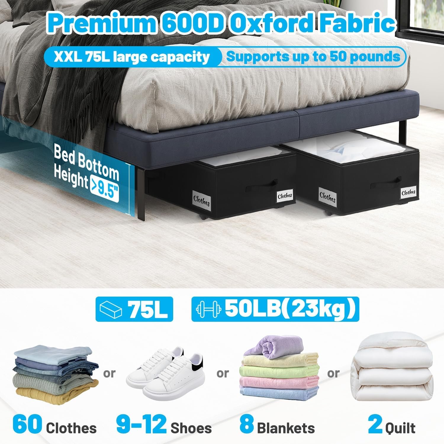 Under Bed Storage with Wheels, 2-Pack 10" Height XXL 75L Rolling Storage Bins, Quick Assembly Underbed Shoe Storage Containers with Clear Lid & Label, Dorm Under Bed Drawers for Clothes, Shoes, Grey - Image 2