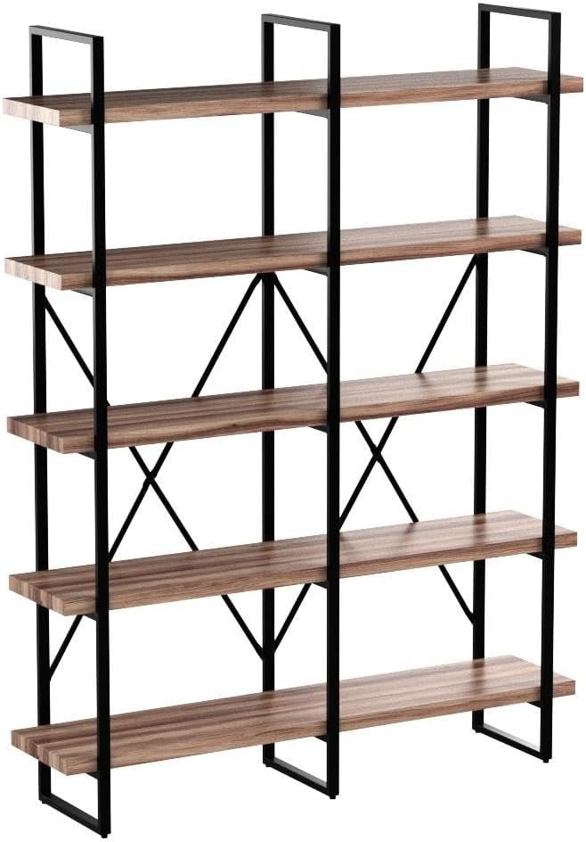 IRONCK Bookshelf, Double Wide 5-Tier Open Bookcase Vintage Industrial Large Shelves, Wood and Metal Etagere Bookshelves, for Home Decor Display, Office Furniture, 13D x 53.1W x 70H in - Image 4