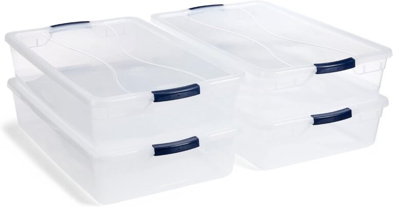 Rubbermaid Cleverstore 42 Quart Stackable Plastic Storage Container Organizer Bin with Latching Lids for Garage, Closet, and Classroom, Clear, 4 Pack