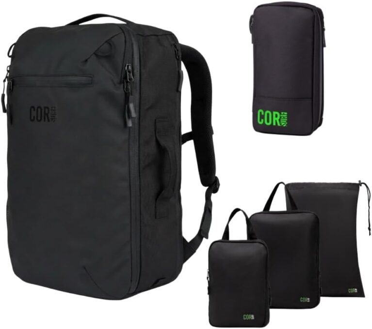 COR Surf Carry On Travel Backpack Bundle | Island Hopper Travel Backpack with Toiletry Bag and Compression Packing Cube Set (28L, Black)