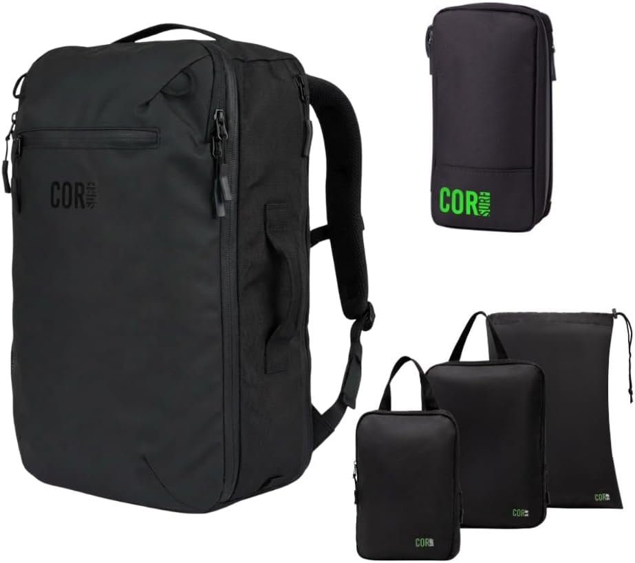COR Surf Carry On Travel Backpack Bundle | Island Hopper Travel Backpack with Toiletry Bag and Compression Packing Cube Set (28L, Black)