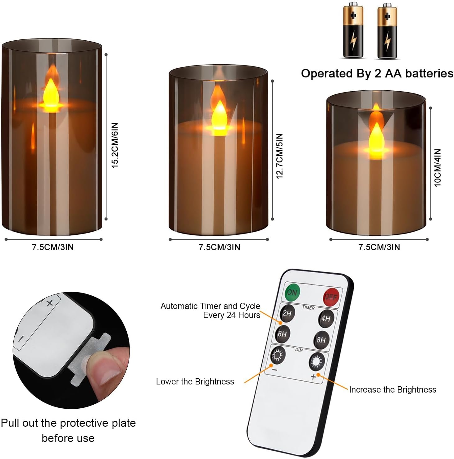 wemarry Flameless Candles 4" 5" 6" Acrylic Glass Pillars 3" Diameter Battery Operated Flickering Candles Include 8-Key Remote with Timer Function 400+ Hours (Gray, Warm Light 3 Pack) - Image 6