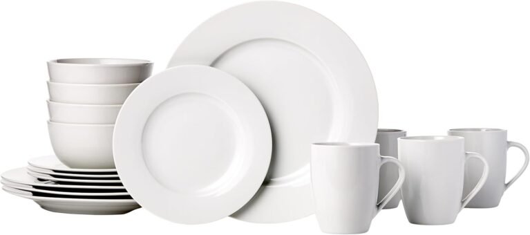Amazon Basics 16-Piece Porcelain Dinnerware Set, Microwave and Dishwasher Safe, Service for 4, Plates, Bowls and Mugs, White
