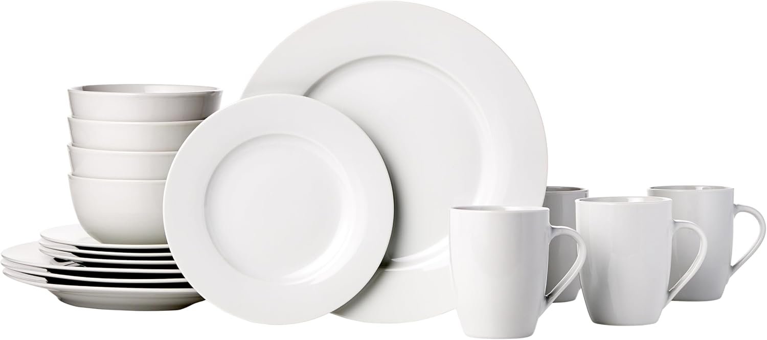 Amazon Basics 16-Piece Porcelain Dinnerware Set, Microwave and Dishwasher Safe, Service for 4, Plates, Bowls and Mugs, White