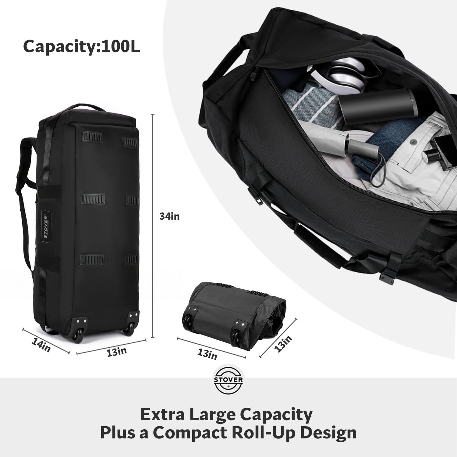 STOVER 45/80/100L Rolling Duffel Bag with Wheels, X-Large Durable Travel Duffle + Toiletry Bag, Heavy Duty, Packable with Shoulder Straps- Use as Luggage or Backpack, Men/Women (Black) - Image 2