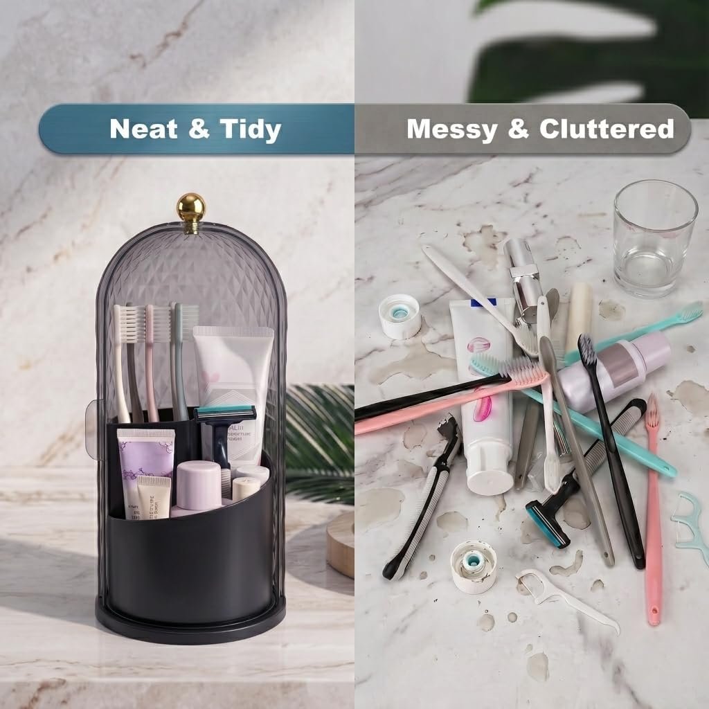 QIYVLOS Toothbrush Holders with Sliding Lid, Rotating 3 Slots Bathroom Organizer Countertop, Tooth Brush Toothpaste Holder Bathroom Counter Stand Caddy for Vanity Makeup Brushes Holder (Black) - Image 4