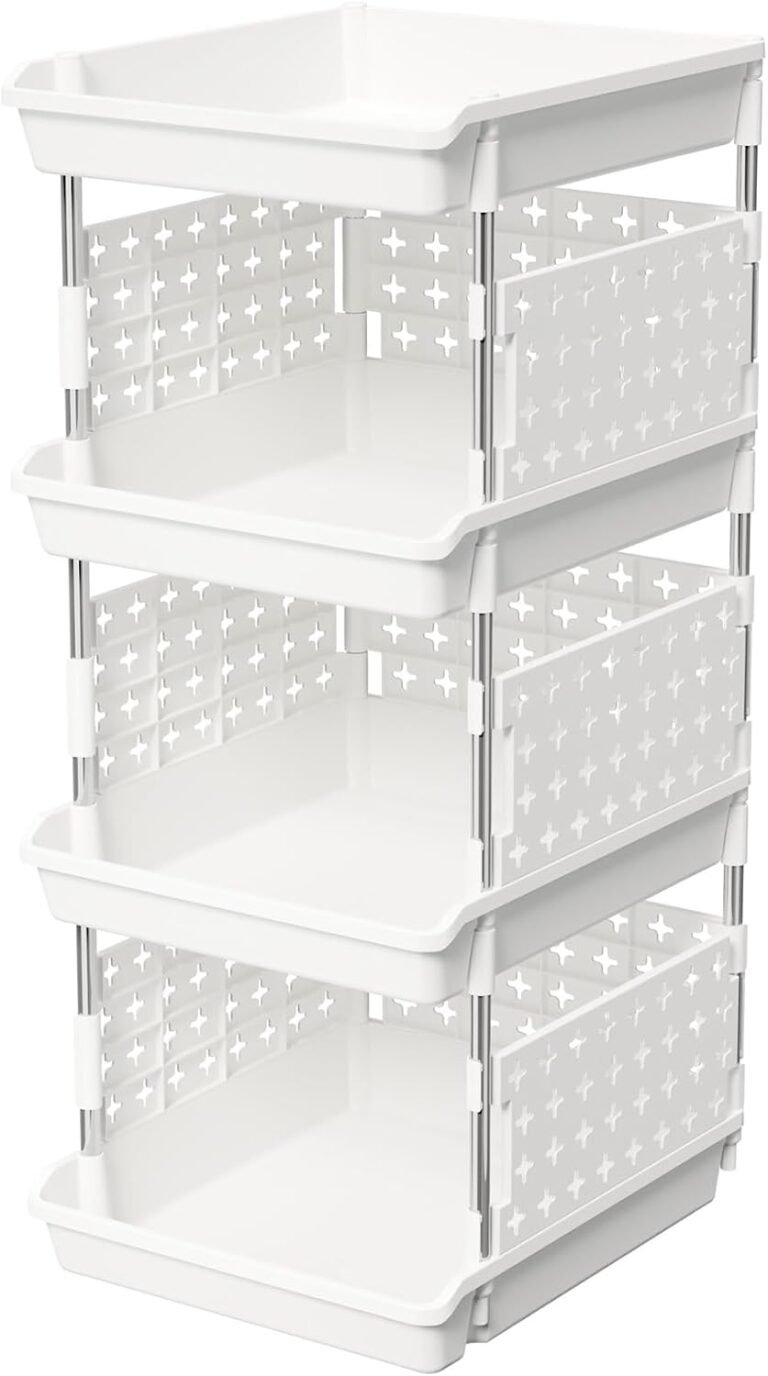 Lifewit Plastic Stackable Storage Baskets, 4 Tier Stacking Bins for Food and Clothes, Multifunctional Organizer for RV, Kitchen, Playroom, Pantry and Bathroom, 13.8"D x 11.8"W x 28.3"H, 1 Pack, White