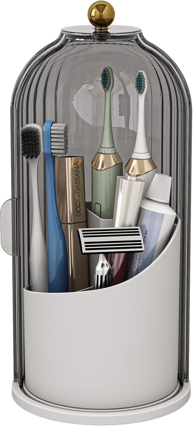 Waterproof Toothbrush Holder with 180° Rotating Cover, Grey White