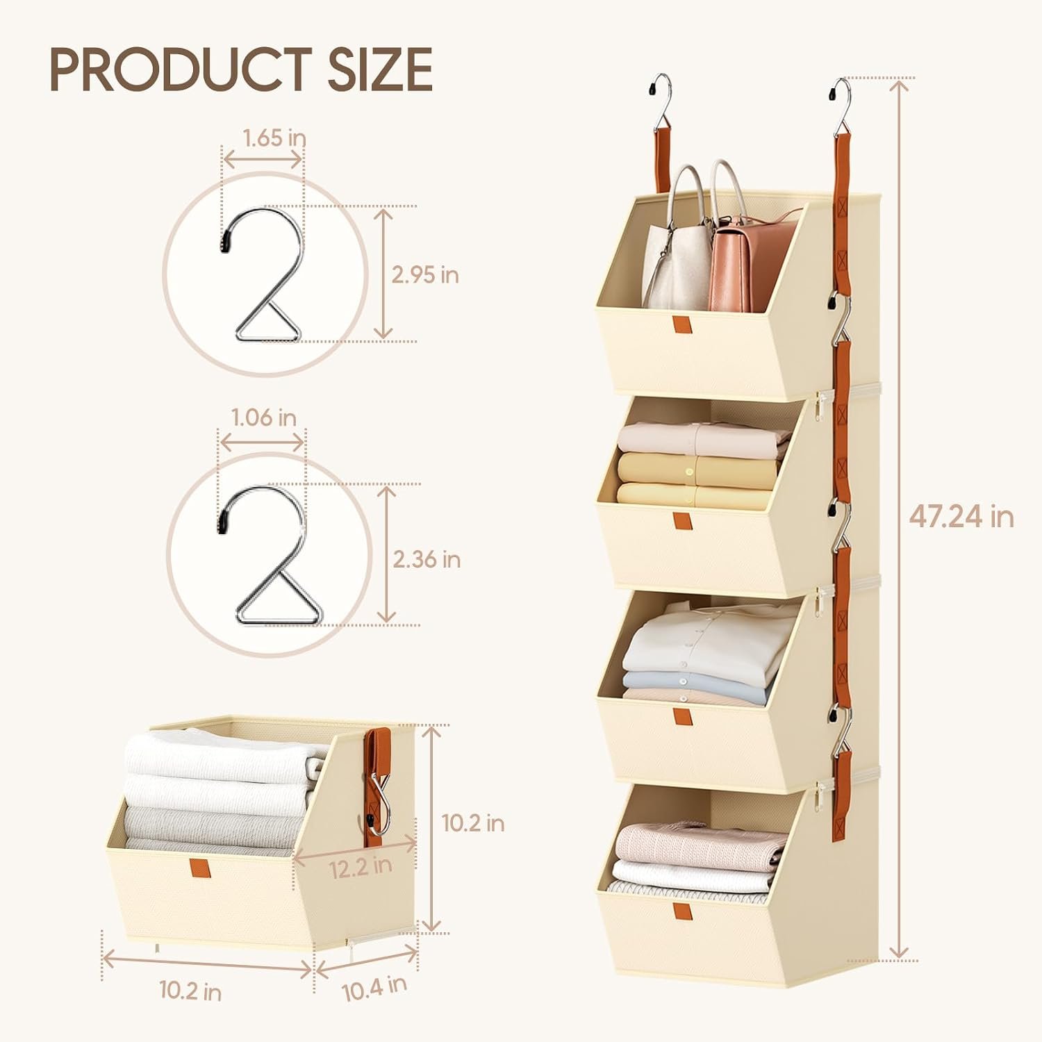 Homsorout Hanging Closet Organizer 4 Tier - Clothes Hanging Shelves, Space-Saving Closet System, Fabric Storage Bins Bedroom Organization, Collapsible Baskets for Home, Dorm, Rv, Beige - Image 7