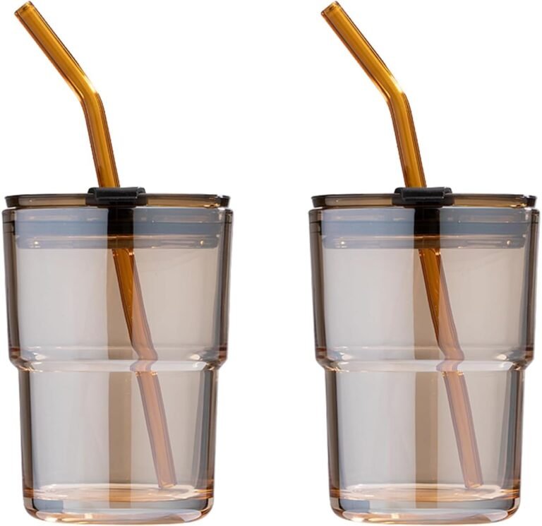 BLUEPOLAR 13oz/400ml Glass Tumbler Water Cup with Straw and Lid, Sealed Carry on for Coffee, Iced Tea, Thick Wall Insulated Amber 2-Pack