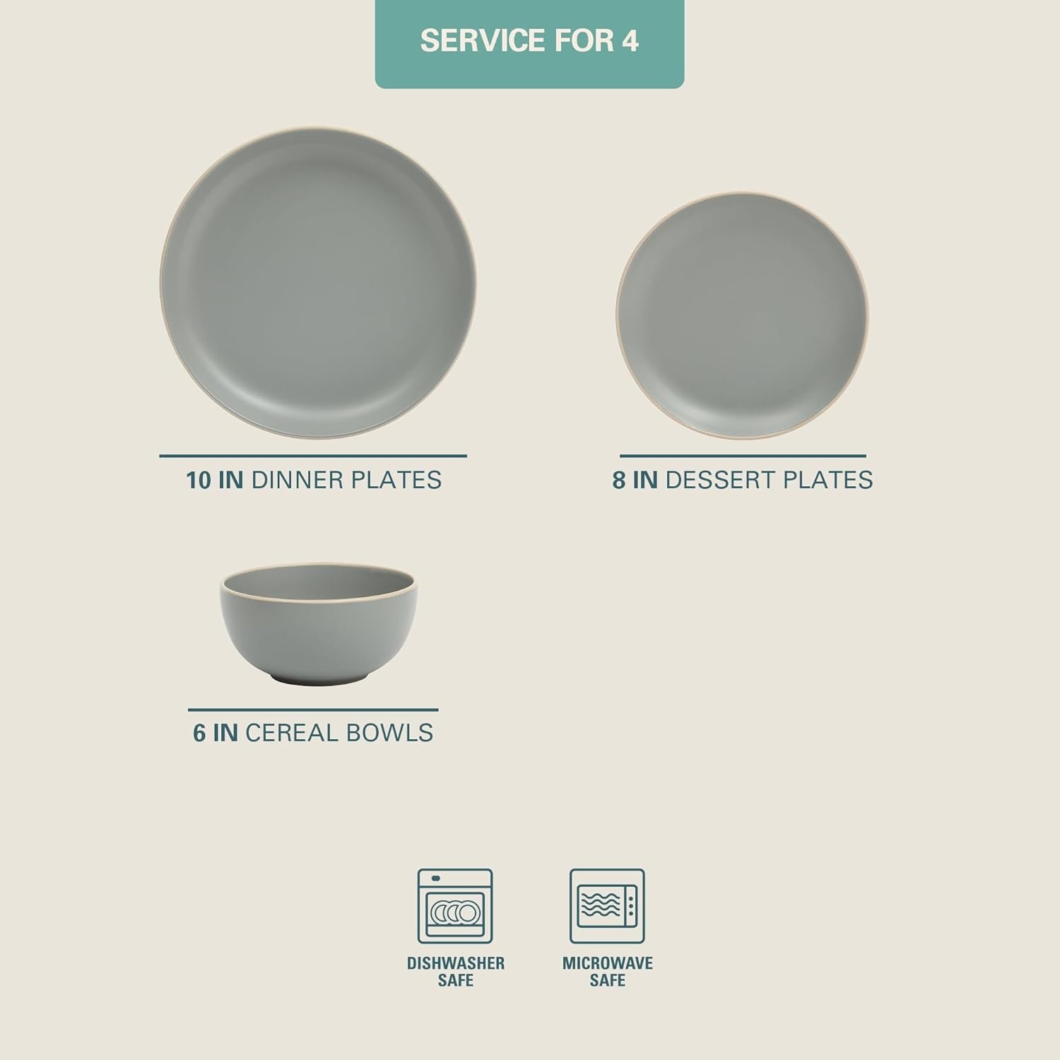 Gibson Home Rockaway 12-Piece Stoneware Dinnerware Set, Matte Finish, Service for 4, Modern Ceramic Plates and Bowls, Microwave & Dishwasher Safe – Soft Gray - Service for 4 - Image 2