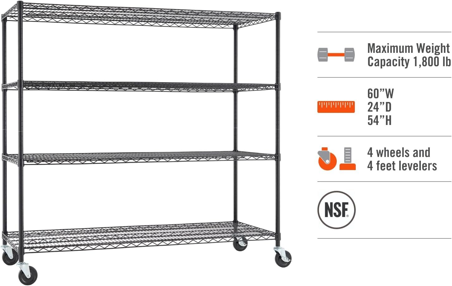 Trinity Basics 4-Tier Adjustable Wire Shelving with Wheels for Kitchen Organization, Garage Storage, Laundry Room, NSF Certified, 600 to 1800 Pound Capacity, 60” by 24” by 54”, Black - Image 5