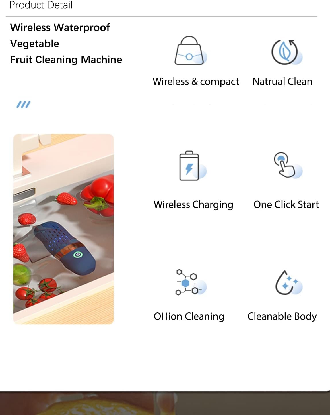 Vegetable and Fruit Cleaner Machine, Purified Water-Proof Fruit Cleaning Device with OH-ion Purification Technology 250min Working time and Wireless Charging, for Cleaning Fruit (Blue) - Image 3
