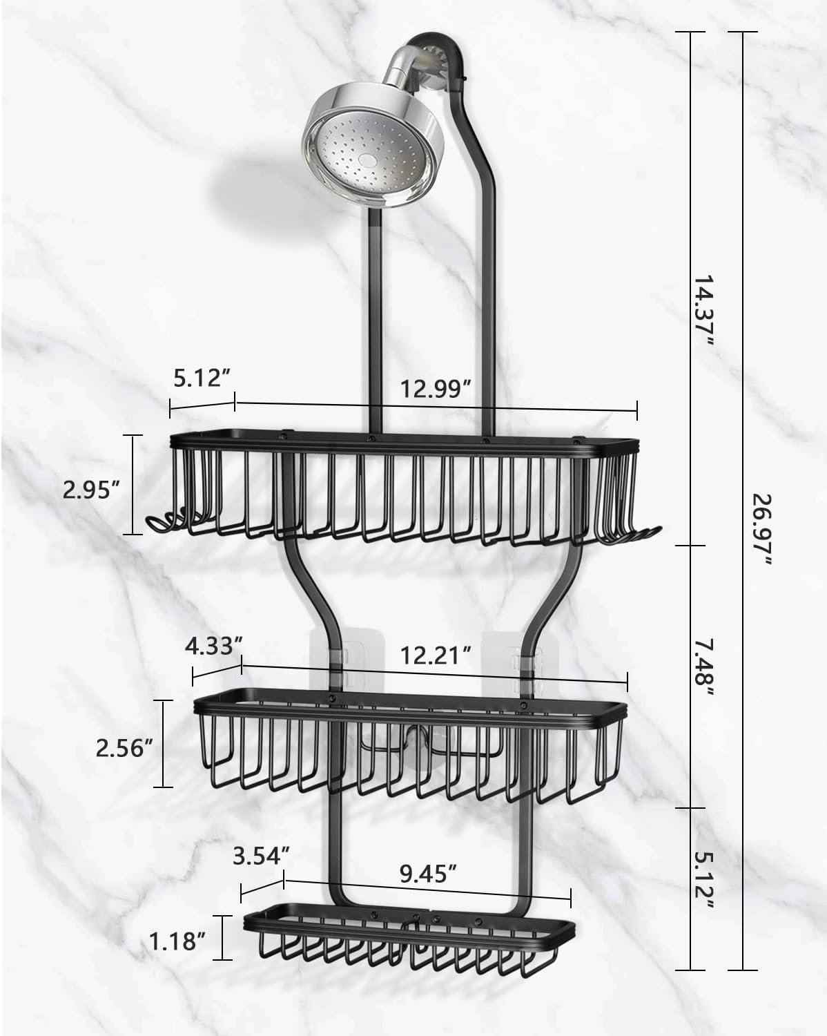 Shower Caddy Hanging - Never Rust Shower Hanging Organizer - Aluminum Over the ShowerHead Caddy with Soap Basket and 6 Hooks for Razor/Sponge (Black) - Image 2