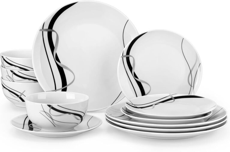 VEWEET Porcelain Dinnerware Sets for 4, 12 Piece Plates Bowls Set, FIONA