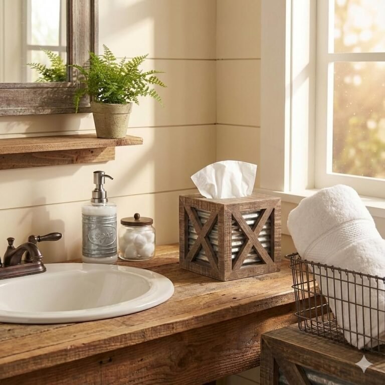 Autumn Alley Barn Door Rustic Square Farmhouse Tissue Box Cover, Farmhouse Bathroom Accessories, Rustic Bathroom Décor Tissue Holder, Wood Tissue Box Cover with Galvanized Decor