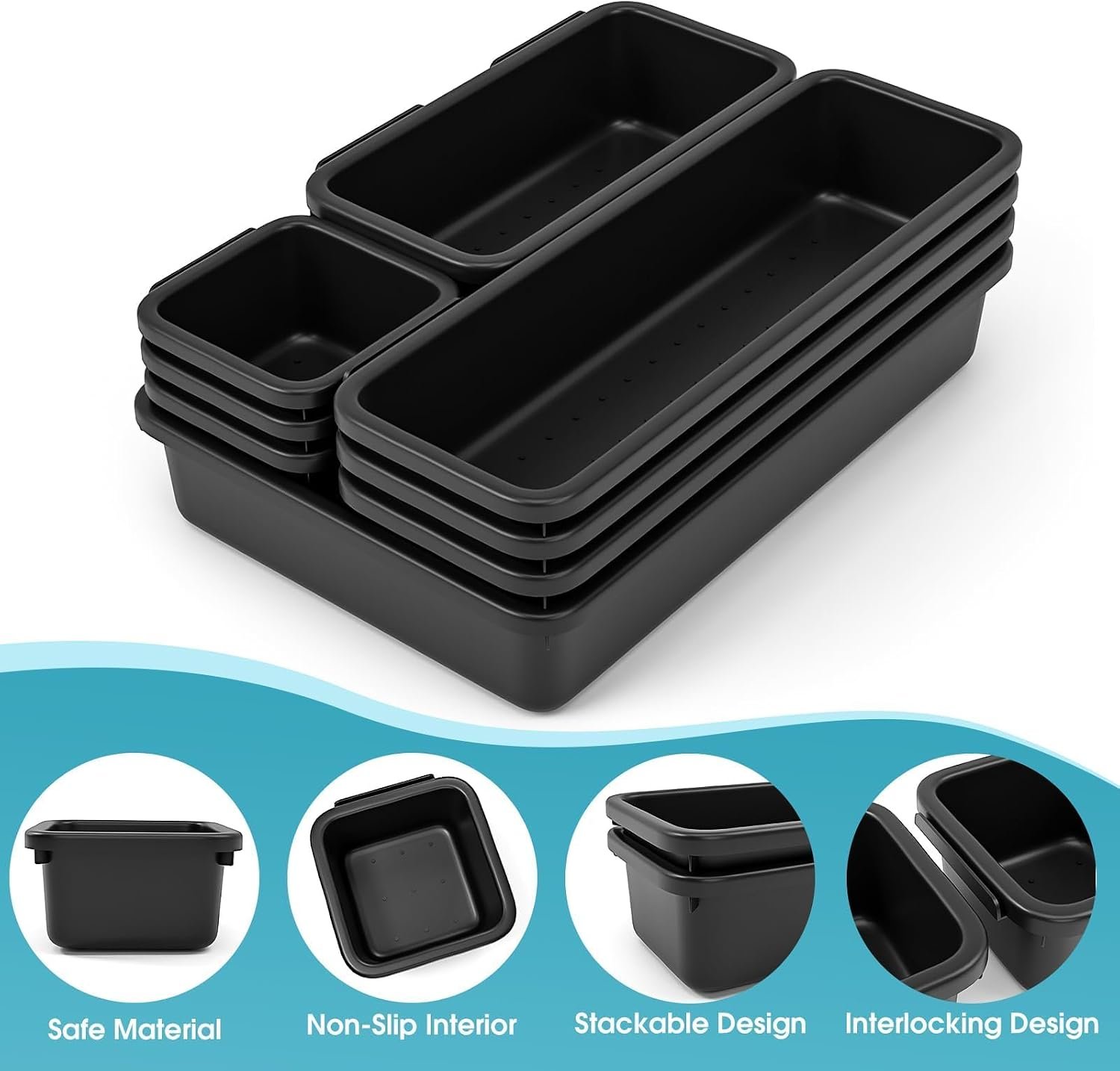 StoreHappily 10 PCS Drawer Organizer Set, 4 Size Makeup Drawer Divider Organizer With Non-Slip Pads, Interlocking Plastic Storage Bins for Office,Jewelry Vanity,Gadgets, Bathroom,Kitchen, Black - Image 3