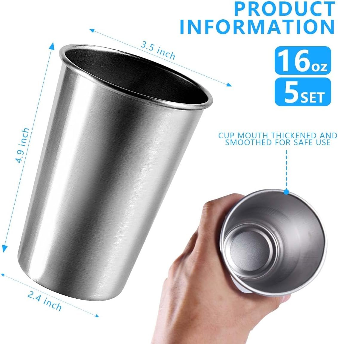 KISEER 5 Pack 16 Ounce Stainless Steel Pint Cups Shatterproof Cup Tumblers Unbreakable Metal Drinking Glasses for Bar, Home, Restaurant - Image 2