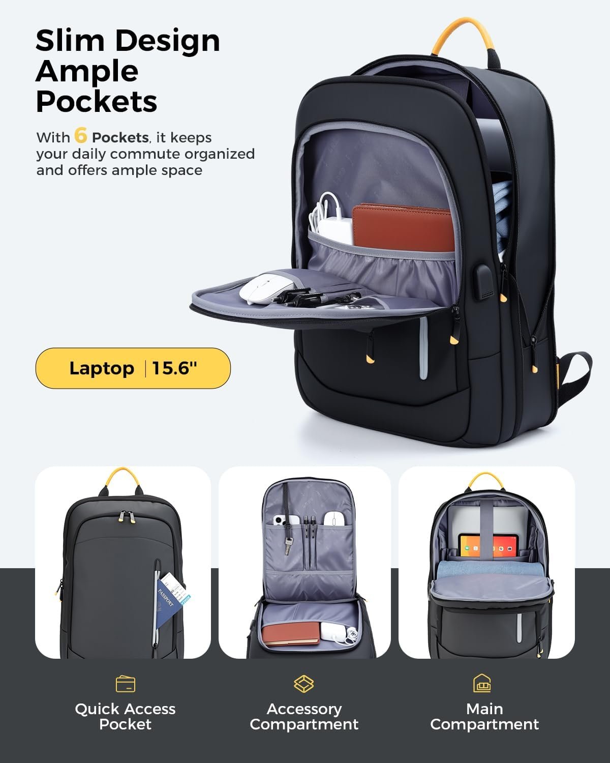 Slim Laptop Backpack for Men, 15.6 Inch Expandable Business Travel Backpack with USB Charging Port, 1.54Lbs Lightweight Work Computer Bag, 600D Waterproof Durable Backpack, Black - Image 3