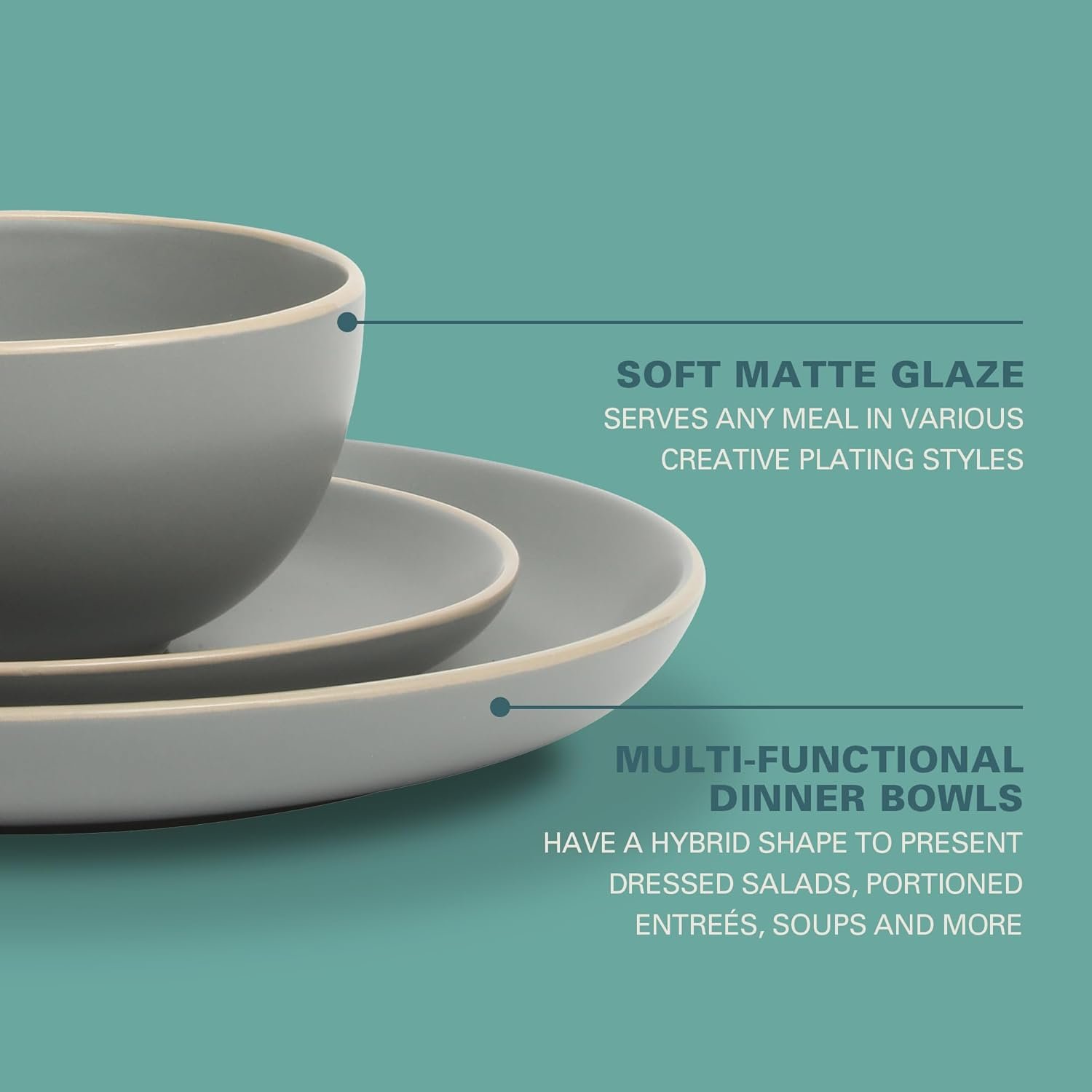 Gibson Home Rockaway 12-Piece Stoneware Dinnerware Set, Matte Finish, Service for 4, Modern Ceramic Plates and Bowls, Microwave & Dishwasher Safe – Soft Gray - Service for 4 - Image 3