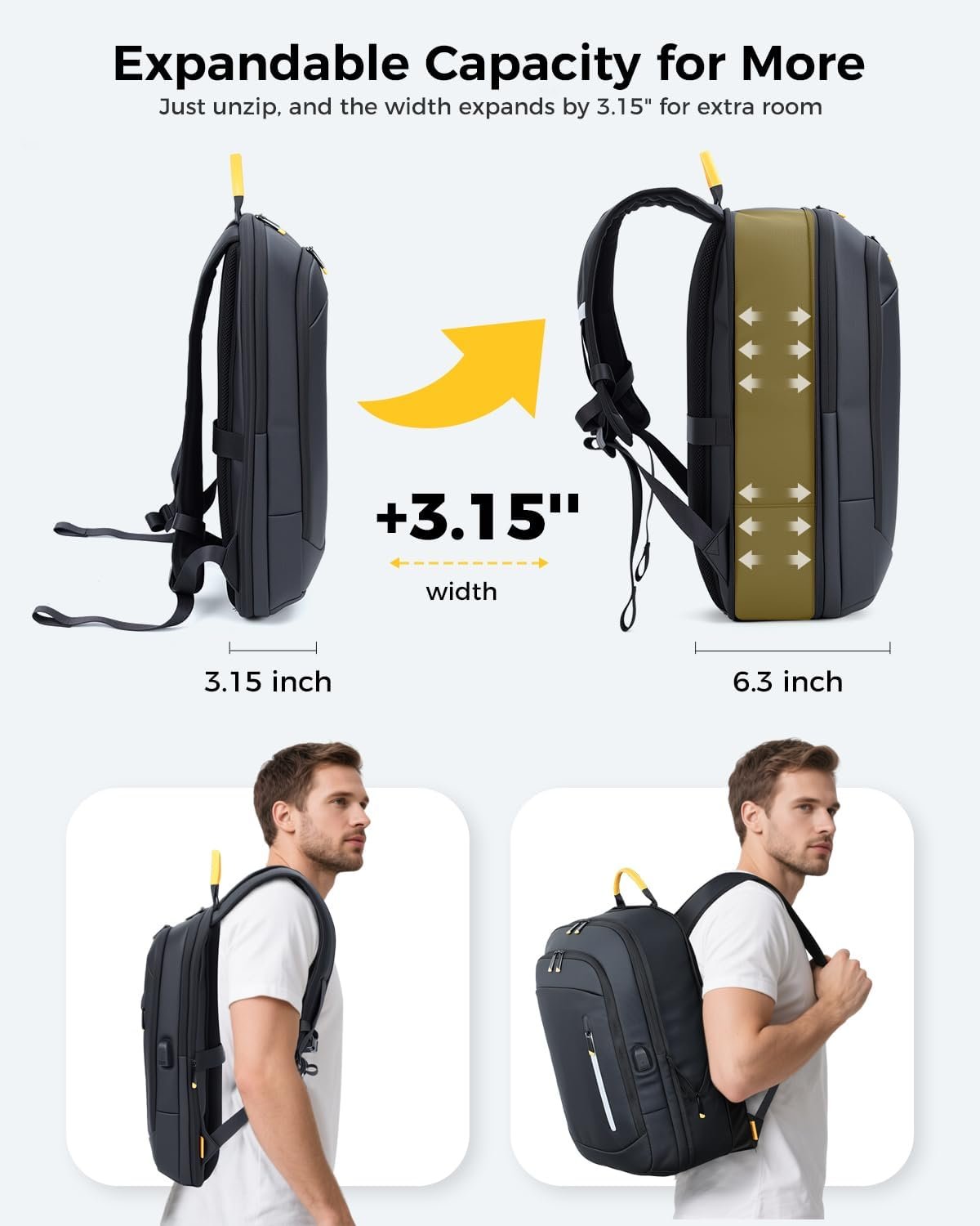 Slim Laptop Backpack for Men, 15.6 Inch Expandable Business Travel Backpack with USB Charging Port, 1.54Lbs Lightweight Work Computer Bag, 600D Waterproof Durable Backpack, Black - Image 2