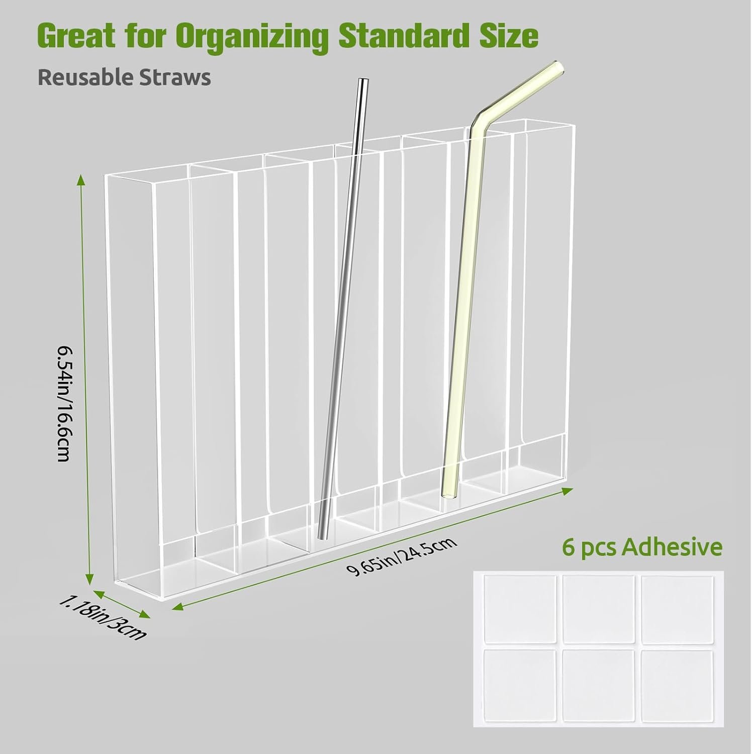 9.6” Large Acrylic Straw Holder for Cabinet Door - 6 compartments, easy to clean, Reusable Tumbler Straw Organizer Storage, Small Kitchen Accessories Container, Ultra Sticky Cupboard Door Mounted - Image 3