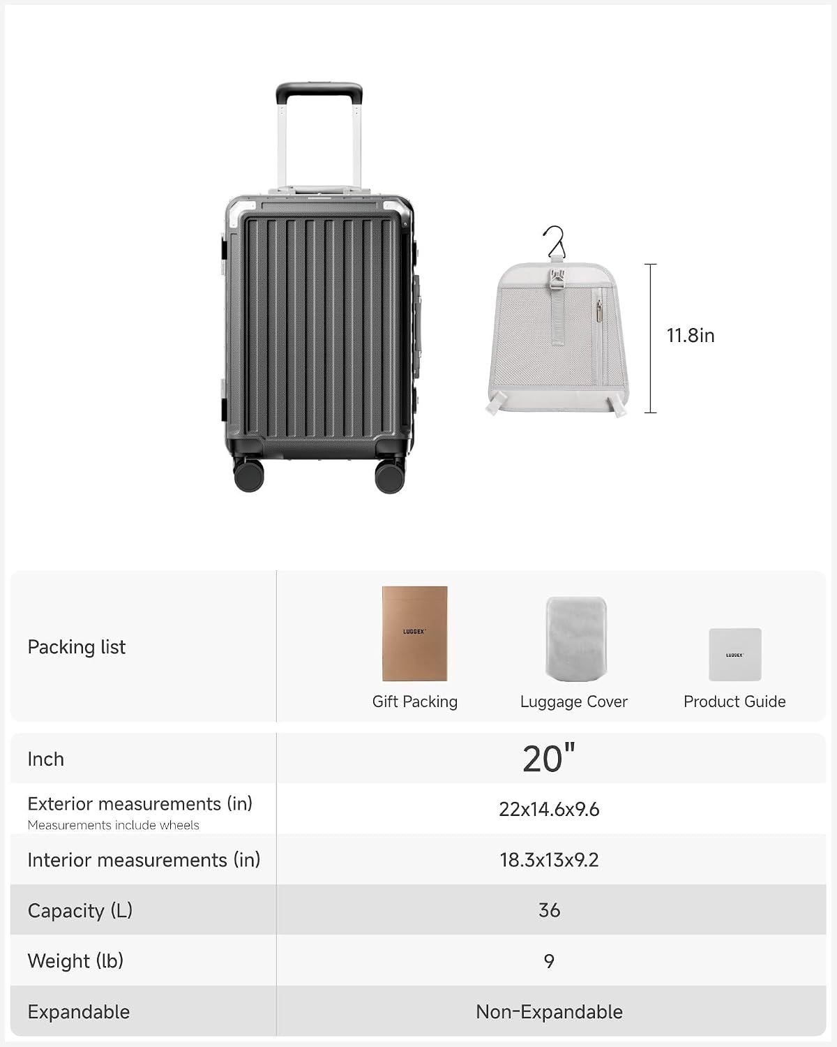 LUGGEX 20 Inch Zipperless Carry On Luggage, Charcoal Metallic - Image 9