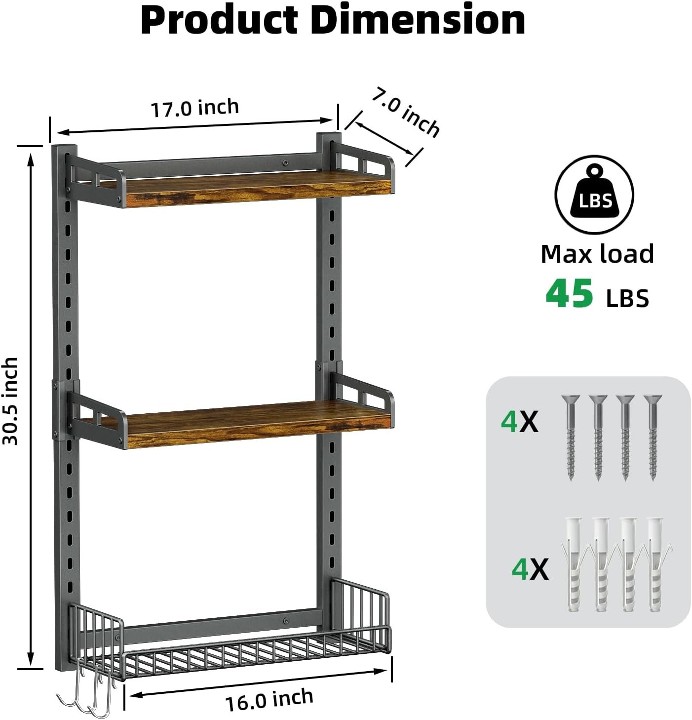 Kalrin 3 Tier Bathroom Shelves Over Toilet - Wall Mounted Floating Shelves with Drain Basket, Toilet Paper Storage, Height Adjustable Over The Toilet Storage, Vintage Brown - Image 2