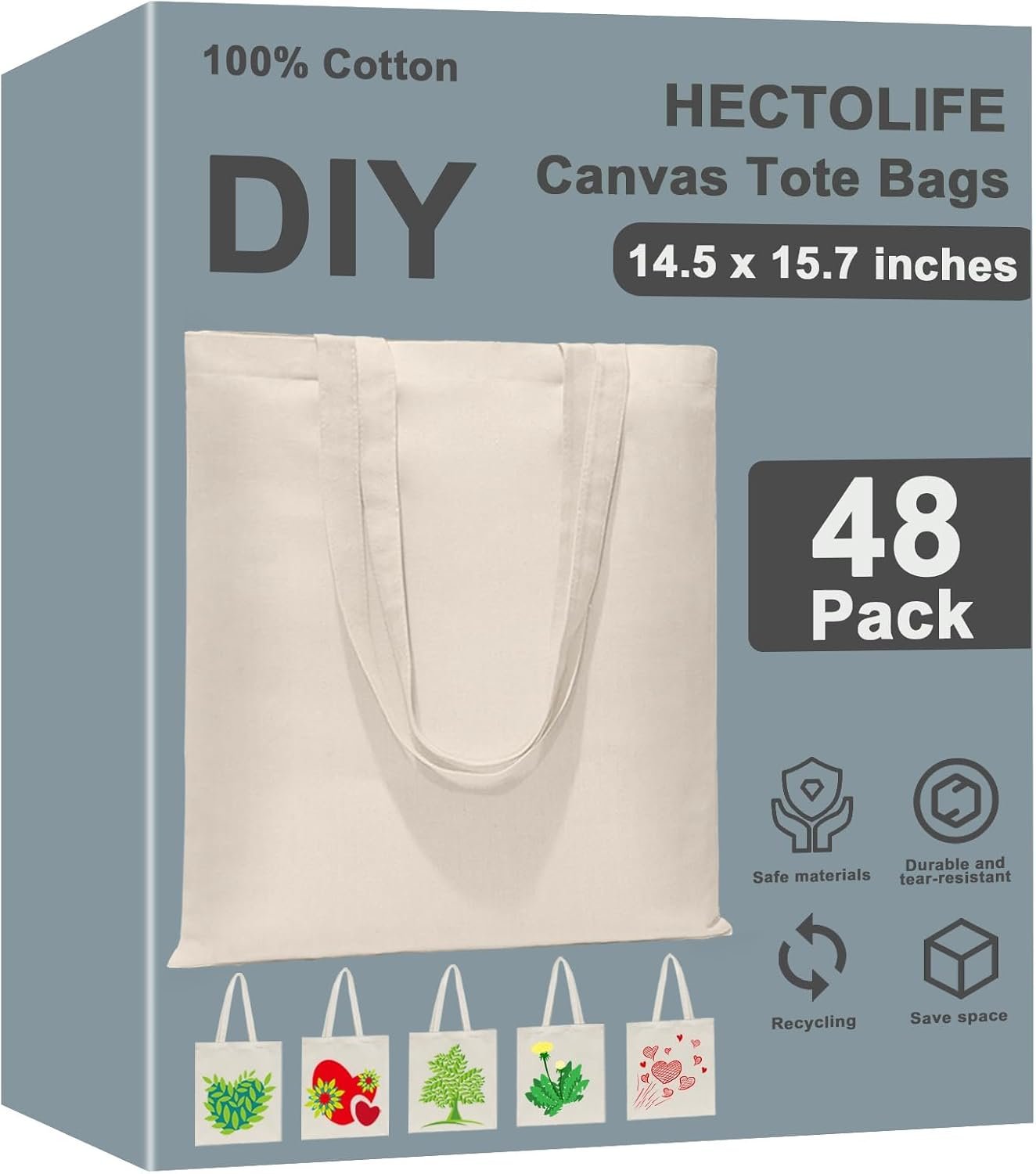 HECTOLIFE 6/12/24/48/ 96 Pack Canvas Tote Bags,Reusable Blank Canvas for Shopping Bags