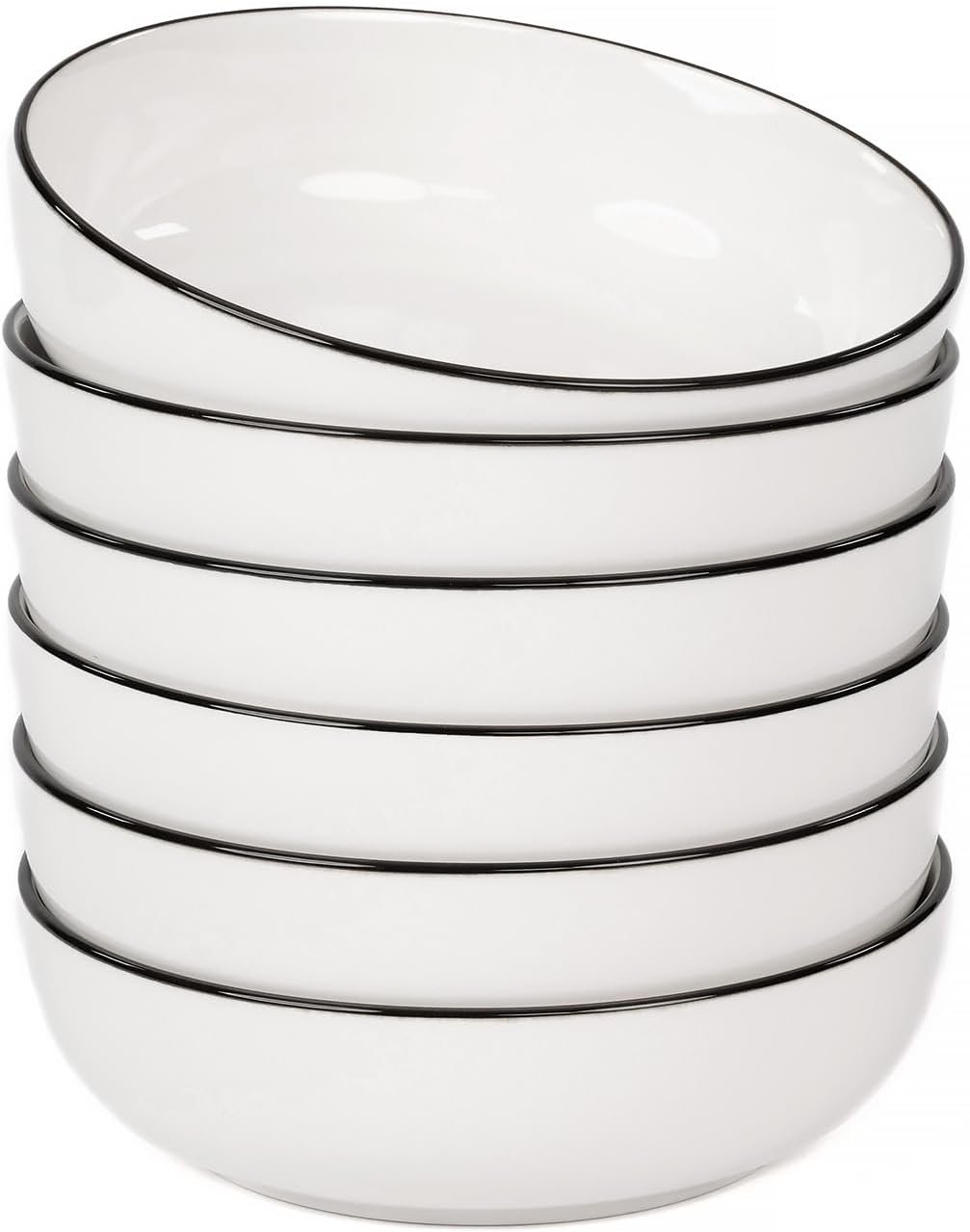 OTAGO 8" Stoneware Salad and Pasta Bowls Set of 6, Porcelain Ceramic Bowls with Black Rim, Microwave & Dishwasher Safe Tableware for Kitchen, Dinner & Dining