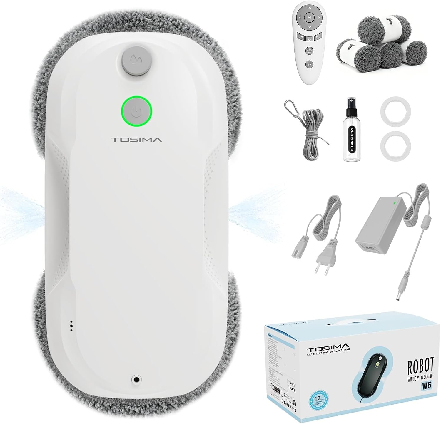 Tosima W5 Window Cleaning Robot, 6400Pa Max Adaptive Suction, Auto-Spray Smart Window Cleaner with Triple Safety System, Intelligent Navigation, Remote Control, for All Smooth Surfaces, White