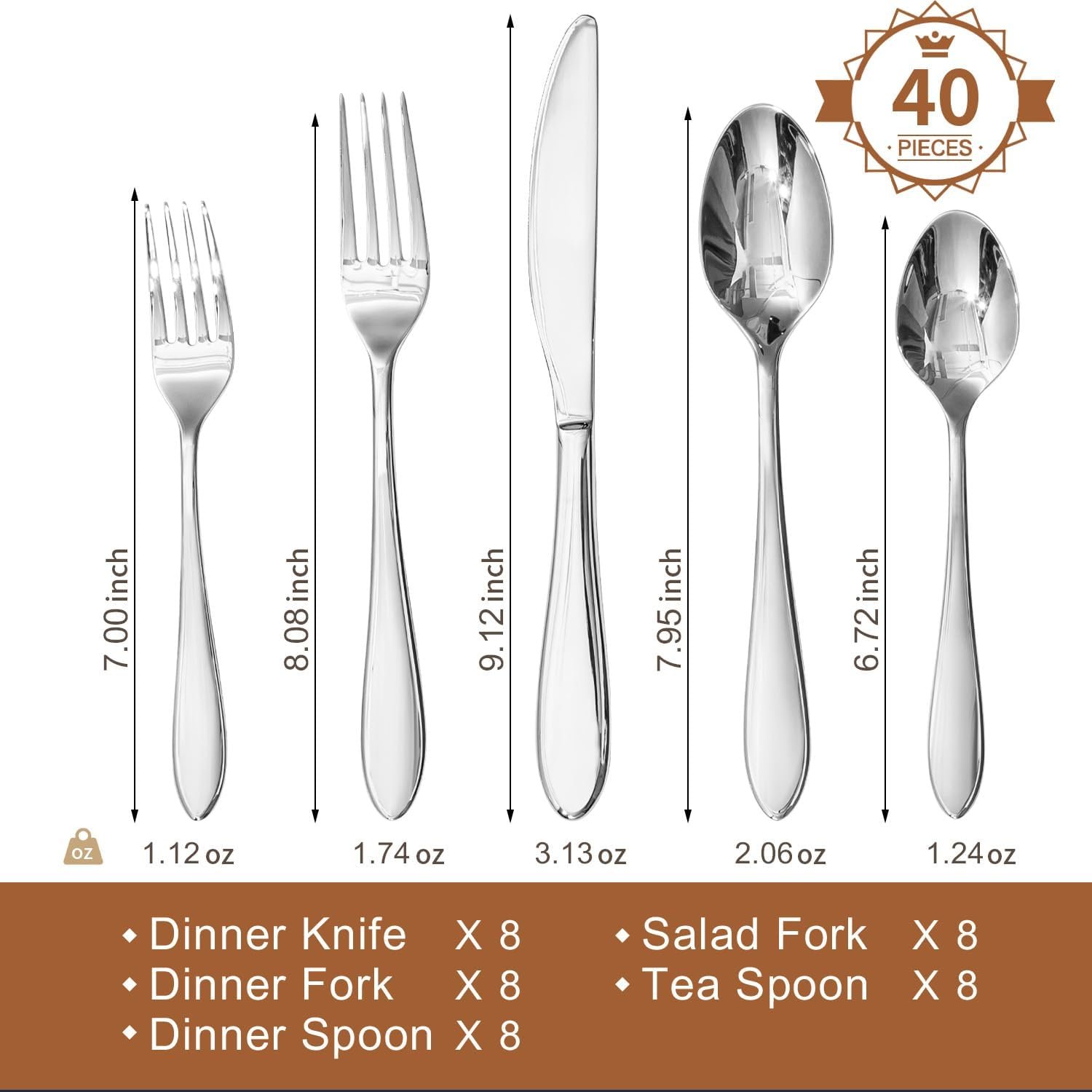 KINGSTONE 40-Piece Silverware Set for 8,18/10 Stainless Steel - Image 2