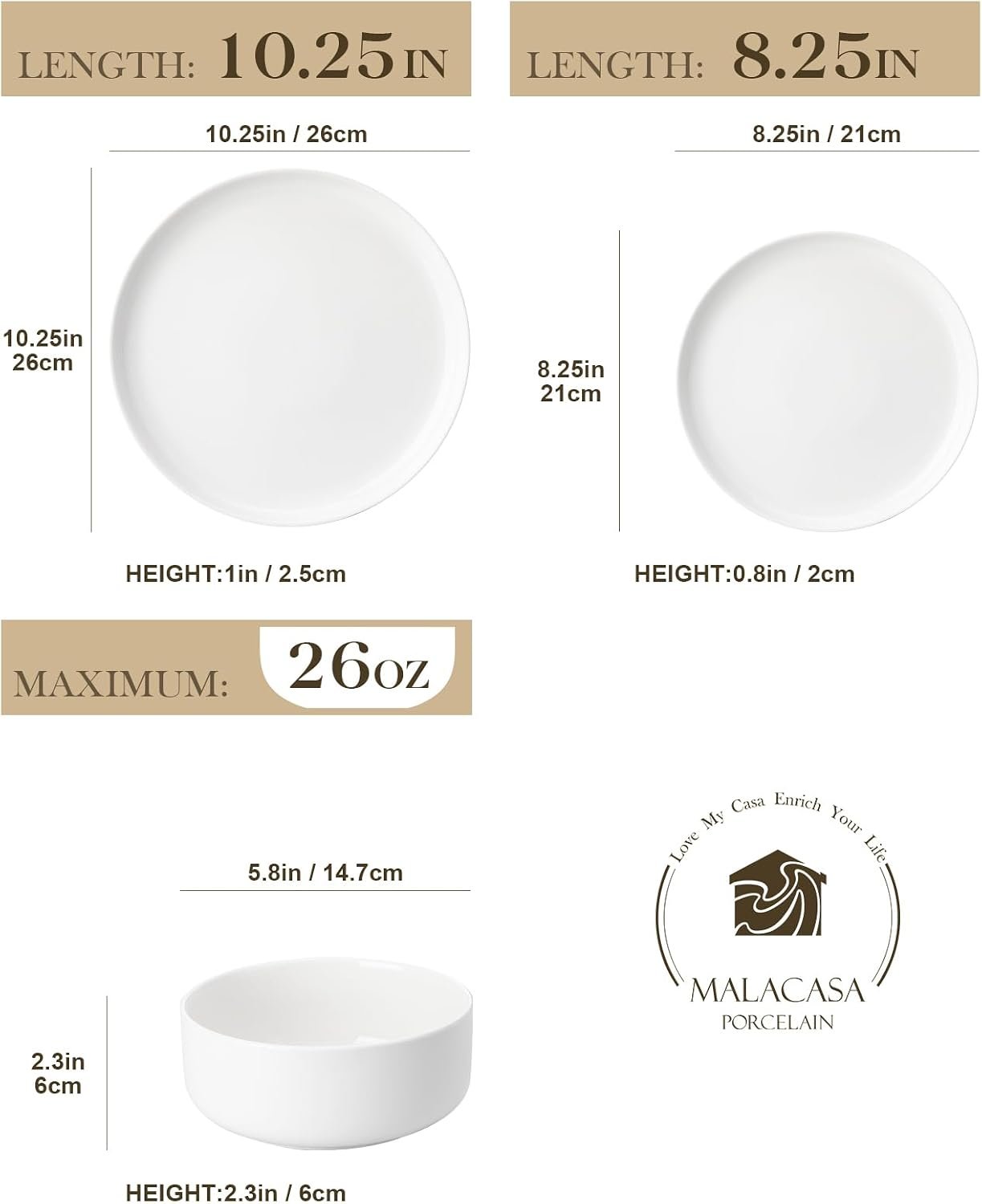MALACASA 12 Pcs Porcelain Plates and Bowls Sets,Dinnerware Set for 4,White - Image 2