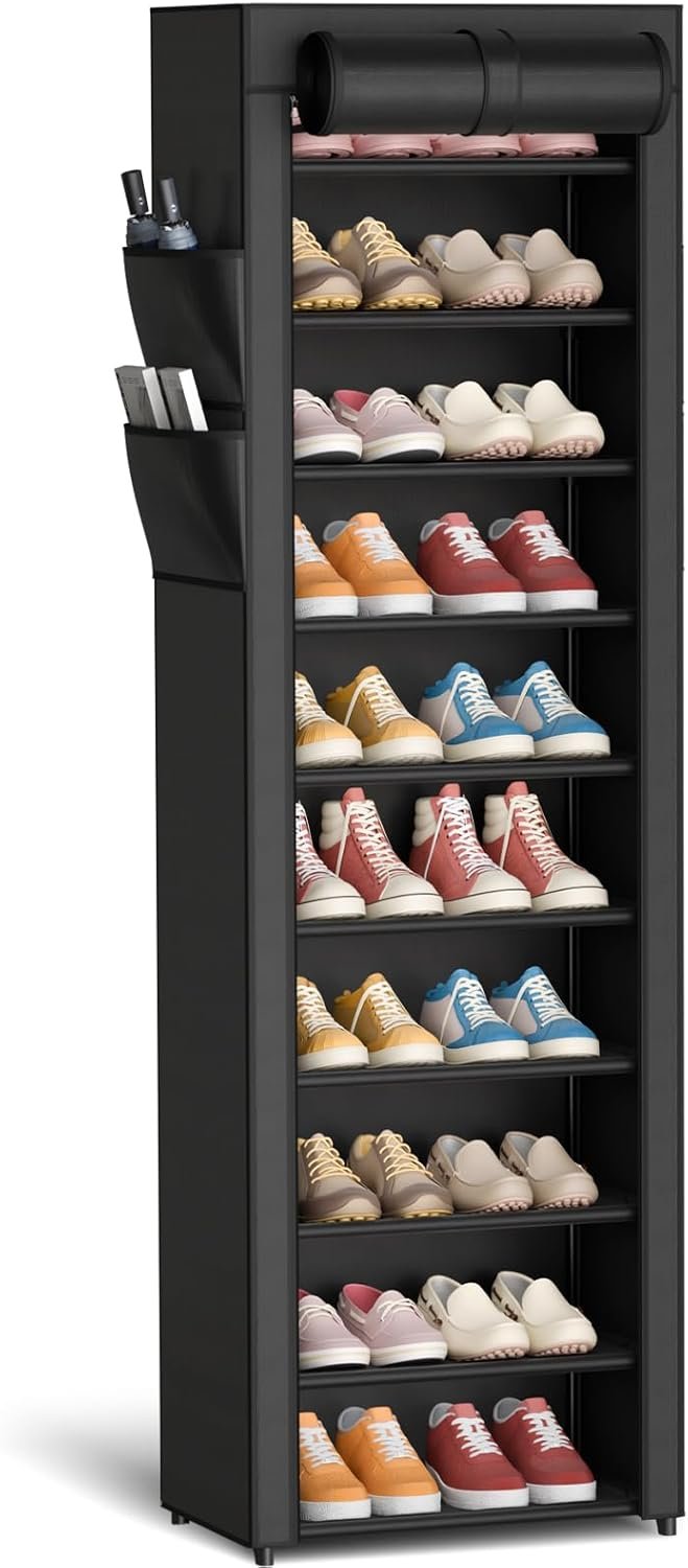 Kitsure 10-Tier Shoe Rack with Cover, Vertical Shelf, 17.5" Wide, Black