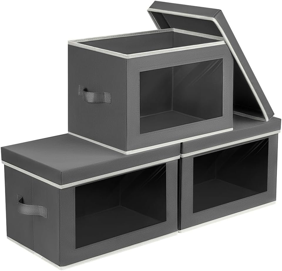 Homsorout Storage Bins with Lids - Fabric Storage Boxe with Window, Collapsible Closet Organizers with Handles, 3 Pack Decorative Bin, Home Cubes Baskets for Clothes, Hat, Books, Dark Grey