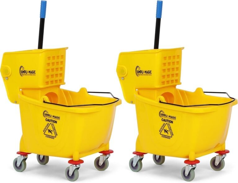 SIMPLI-Magic Side Press Wringer Combo Commercial Mop Bucket on Wheels, 2-Pack, 35 Quart, Yellow, Including Wet Floor Caution Sign and Mop Set, Polyethylene