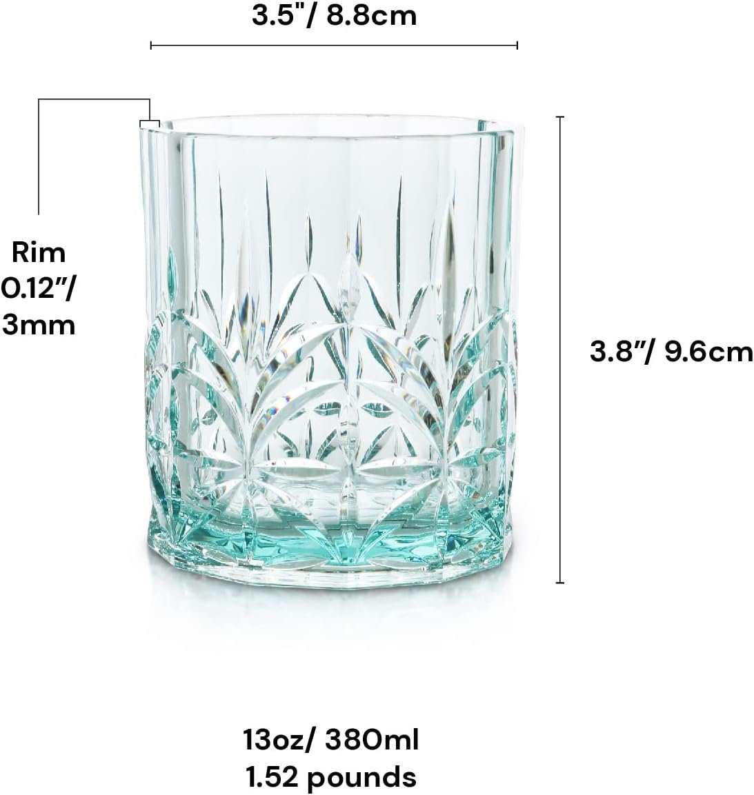 BELLAFORTE Shatterproof Tritan Plastic Short Tumbler, Set of 4, 13oz - Myrtle Beach Unbreakable Crystal Cut Old Fashioned Drinking Glasses for Whiskey - BPA Free - Dishwasher Safe - Teal - Image 7