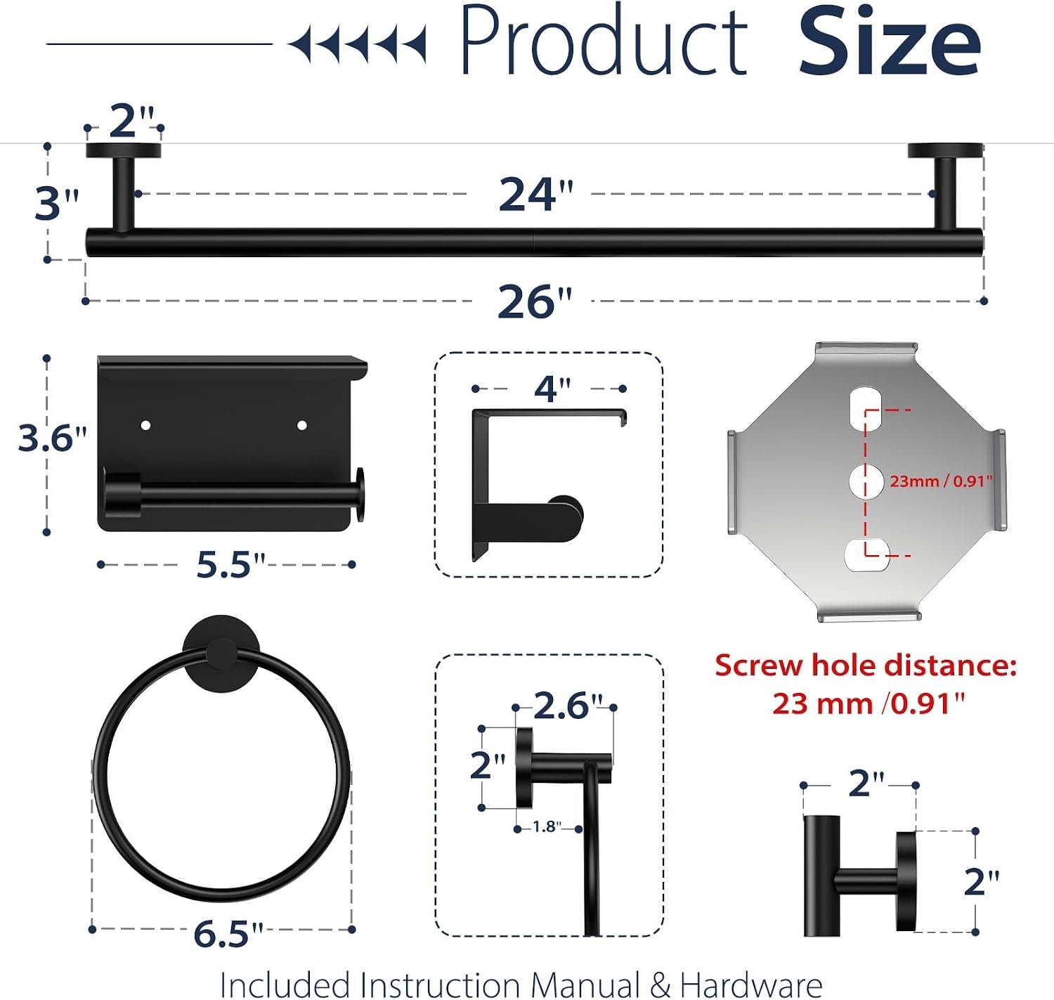 5-Piece Matte Black Bathroom Towel Bar Set,24" Bathroom Hardware Kit - Image 2
